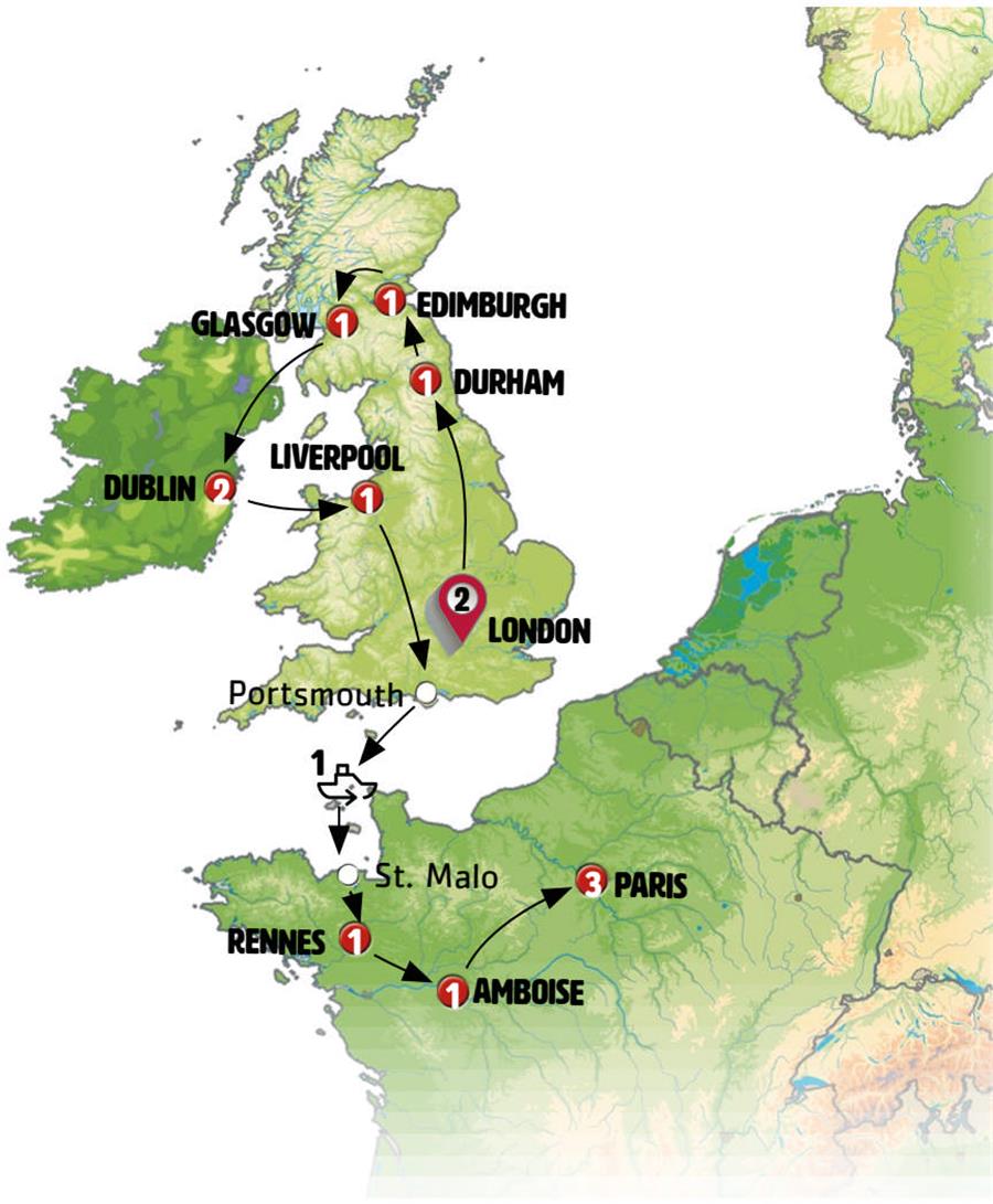 tourhub | Europamundo | United Kingdom, Ireland and Northern France | Tour Map
