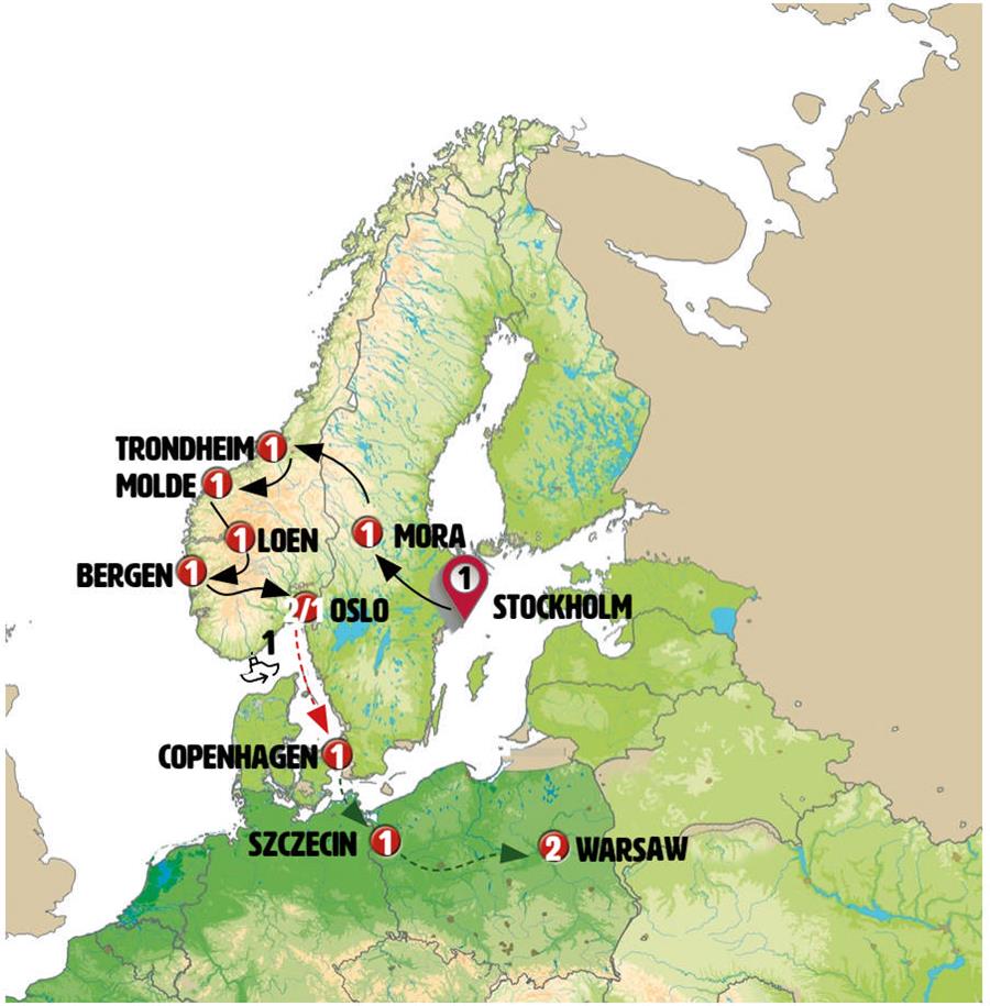 tourhub | Europamundo | Legendary Fjords and Northern Poland End Warsaw | Tour Map