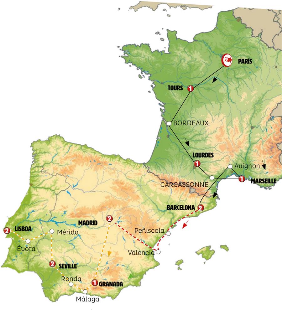 tourhub | Europamundo | Paris, Lourdes, Côte d'Azur, Provence with Spain and Lisbon | Tour Map