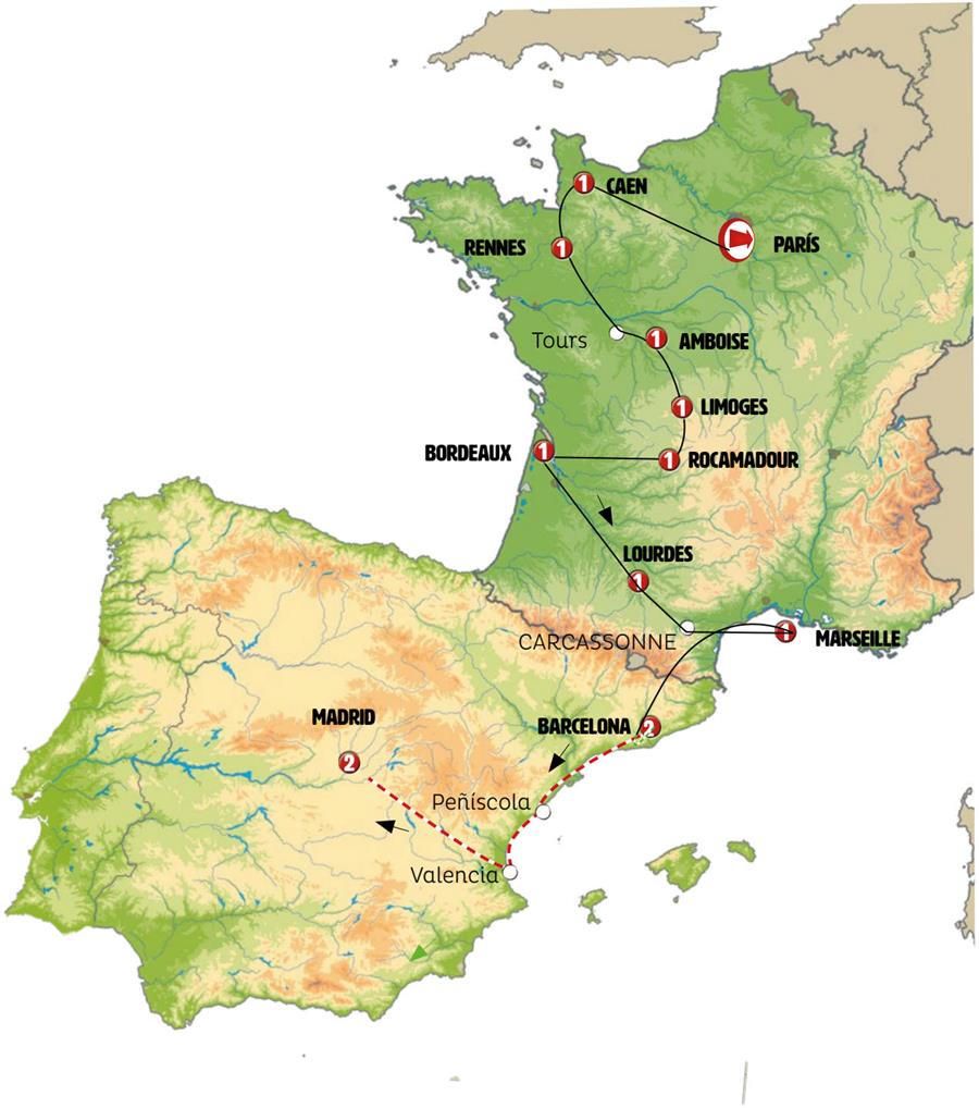 tourhub | Europamundo | Normandy, all of France and Spain | Tour Map